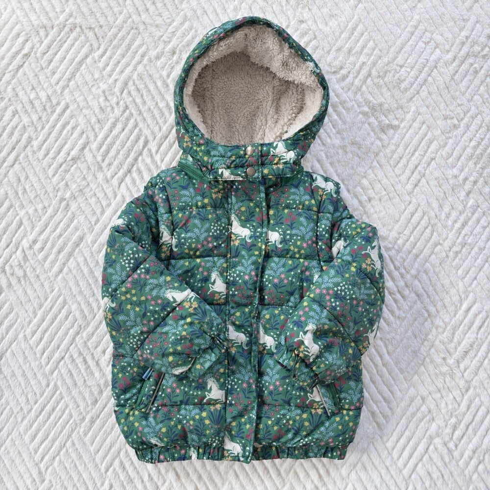 Mini Boden Girls 3-4Y Unicorn Meadow 2-in-1 Puffer Coat Vest Green Floral Kids
